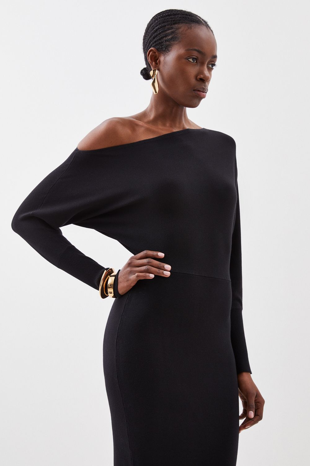 KarenMillen Viscose Blend Knit Asymmetric Neck Midi Dress