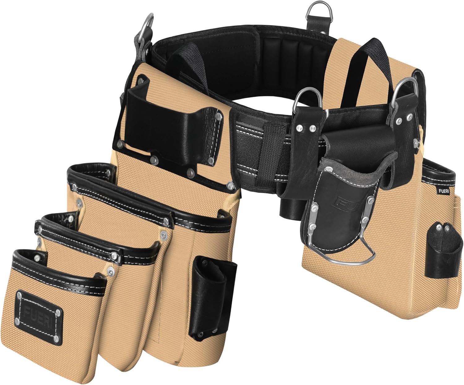 FUERI Electrician's Heavy Duty 26 Pocket Leather-Nylon Tool Belt & Bag Combo for Men, Comfort Back Support Padded Belt, 2 Large Storage Capacity Pouches, Best for Framers, Carpenter, Roofing