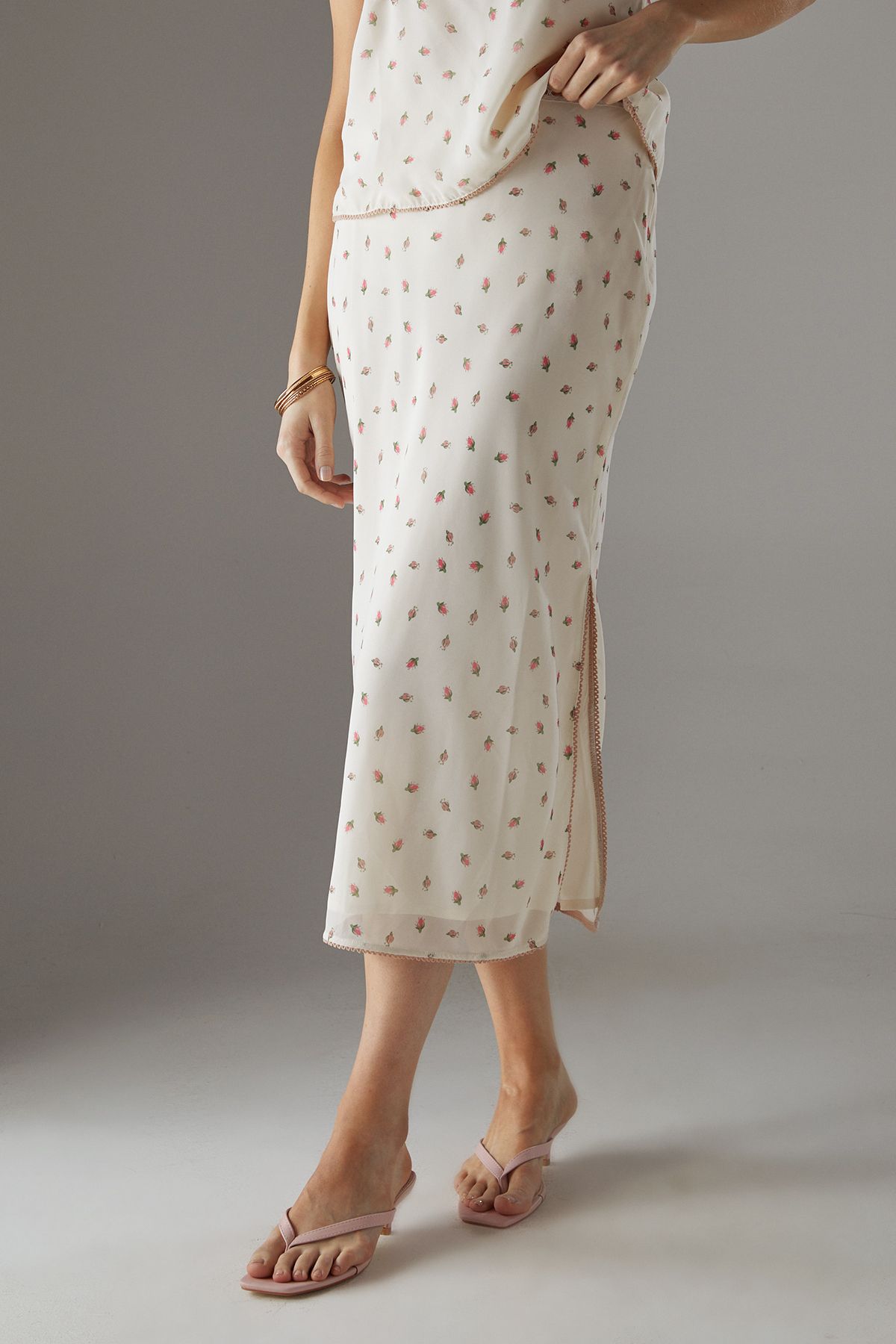 Warehouse Georgette Lace Trim Bias Midi Skirt