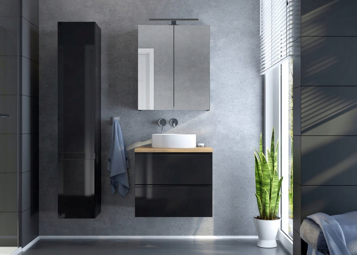 Zestaw Łazienkowy Szafka Czarna Wisząca Połysk MDF   Blat Dąb Złoty 60 cm