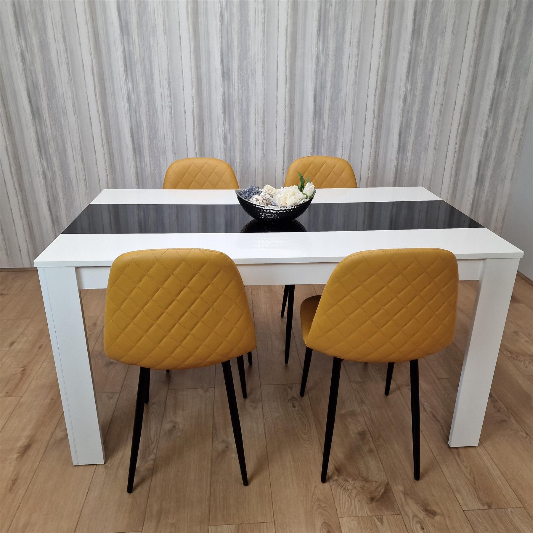 KOSY KOALA Kosy Koala Modern White And Black Dining Table Set With 4 Mustard Chairs Dining Room Furniture