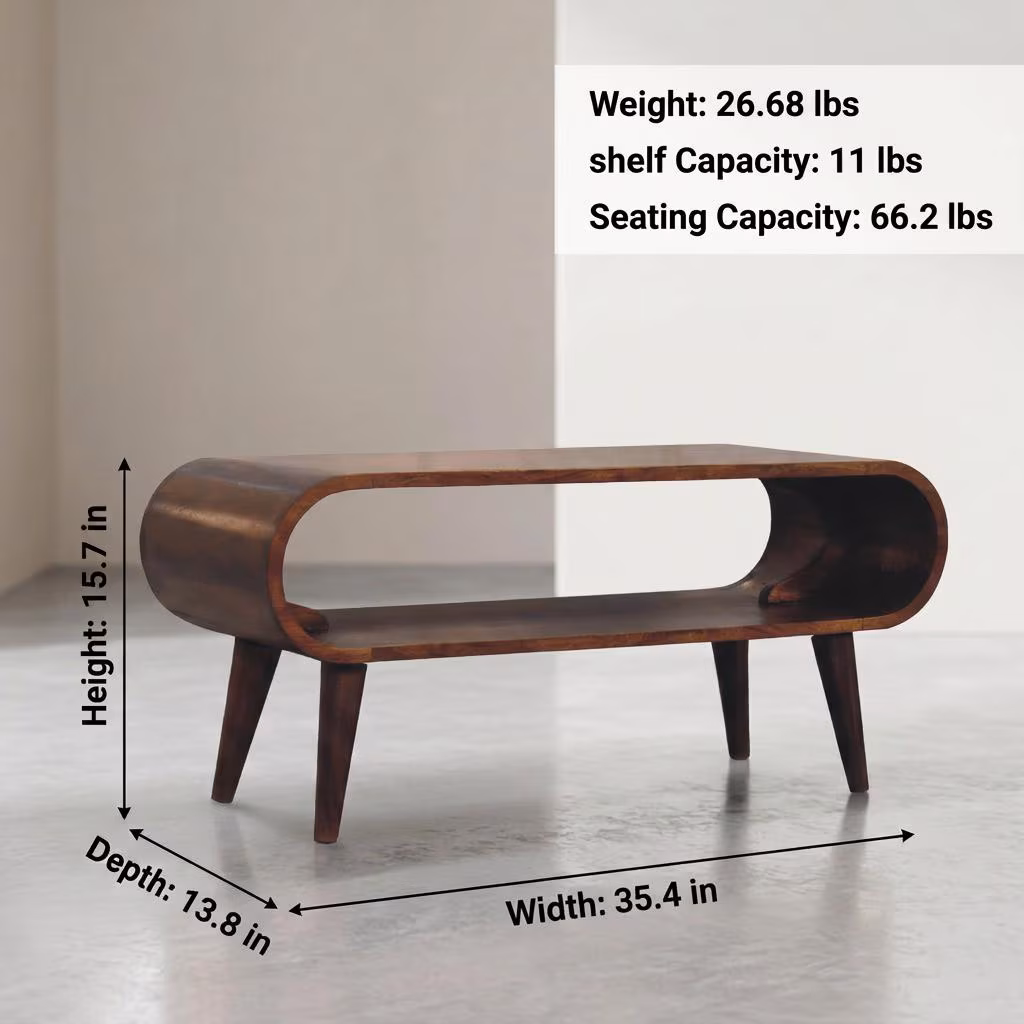 Danish Modern Mango Wood Coffee Table, Curved Oval Low Table with Shelf, Narrow Scandi