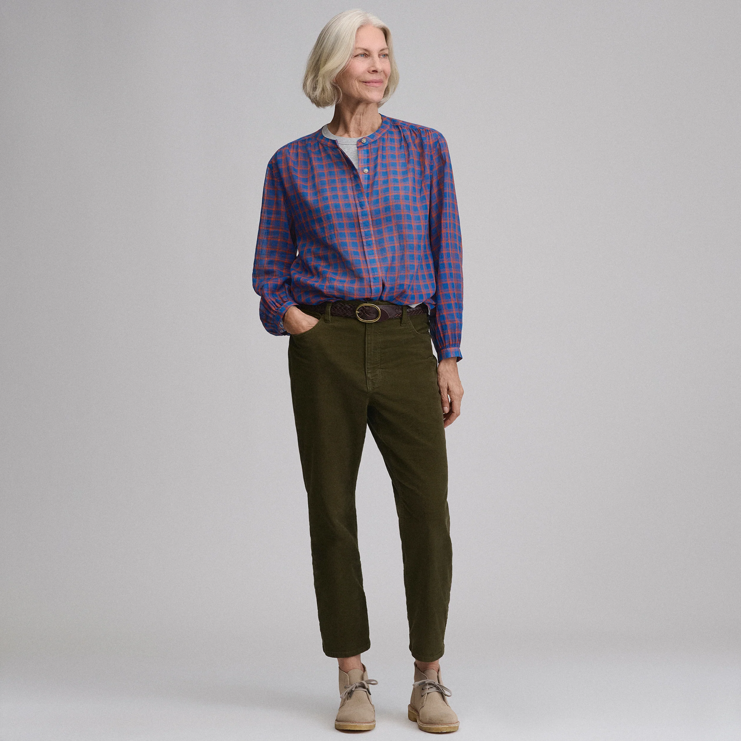 Women's Long-Sleeve Collarless Button-Down Shirt