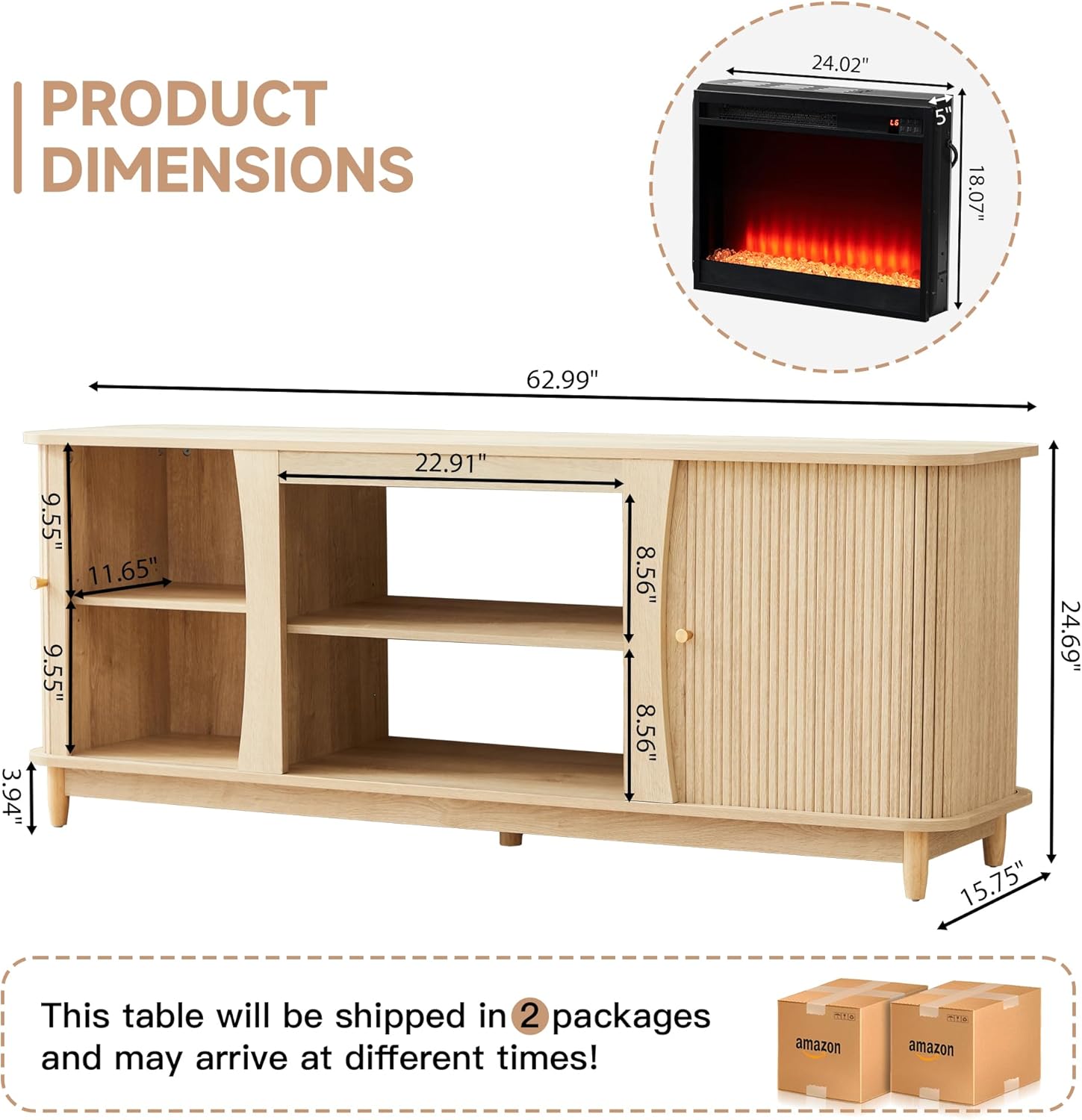 Fireplace TV Stand, Fluted TV Stand with Storage and Sliding Door, Farmhouse Entertainment Center Media Console Table for Living Room (Natural)