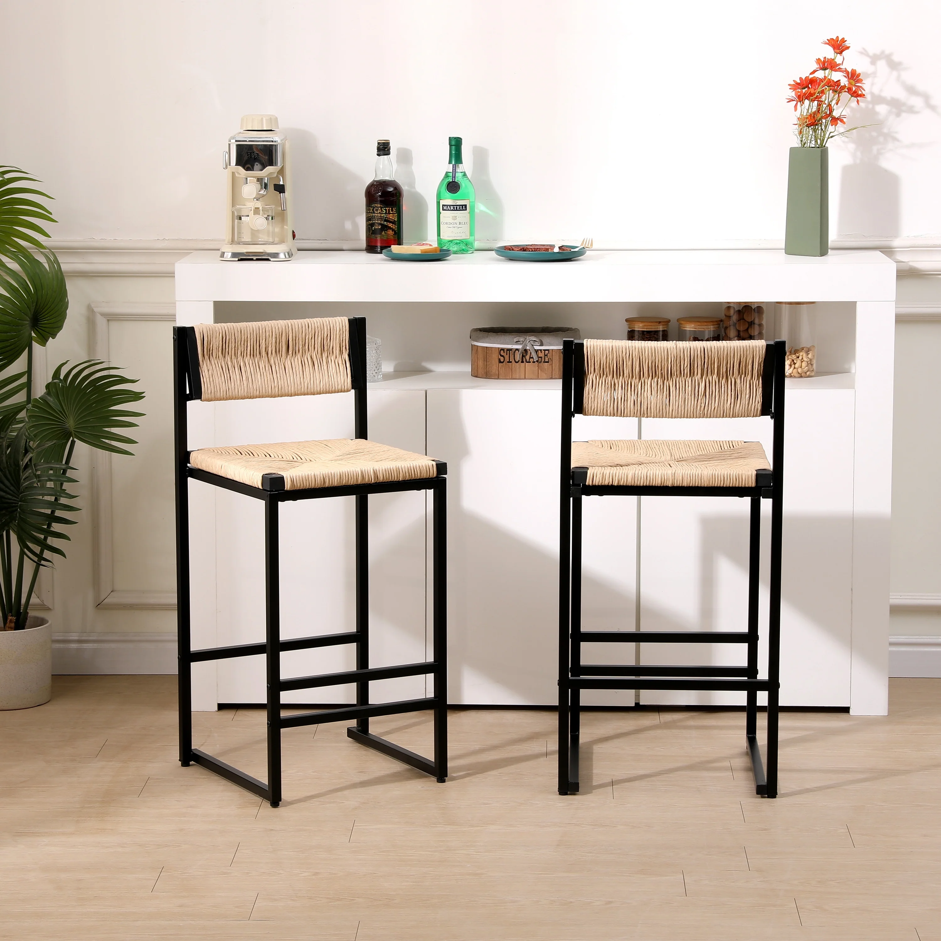 Paper Rope Woven Bar Stools Set of 2 Hand Weave Counter Stool with footrest for Kitchen Island, Dining Room