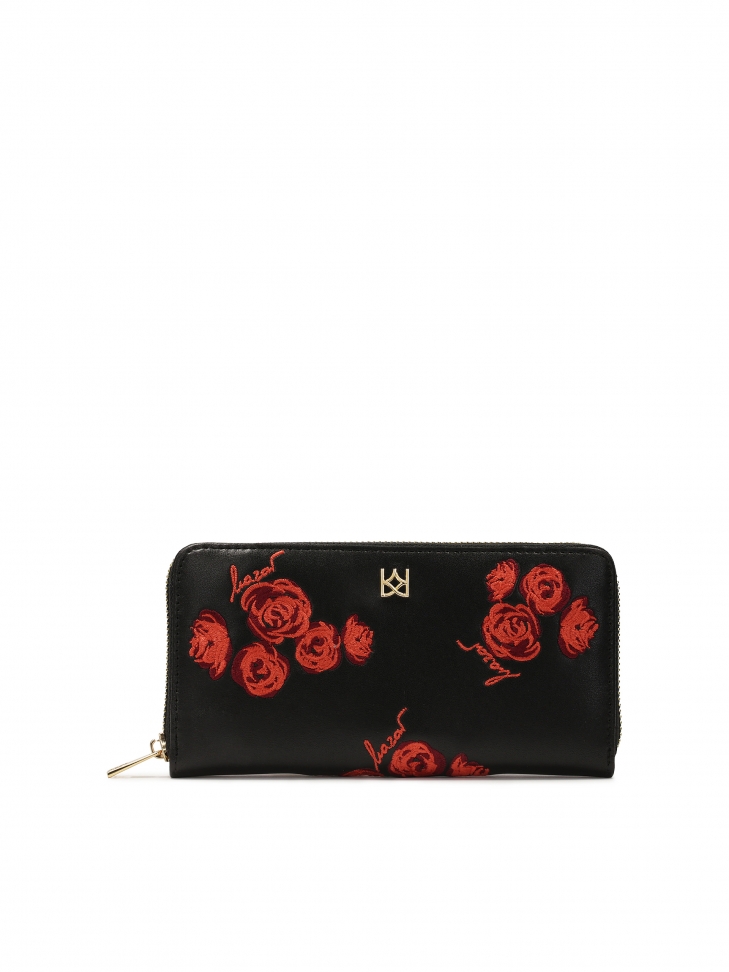 Black zip wallet with red roses
