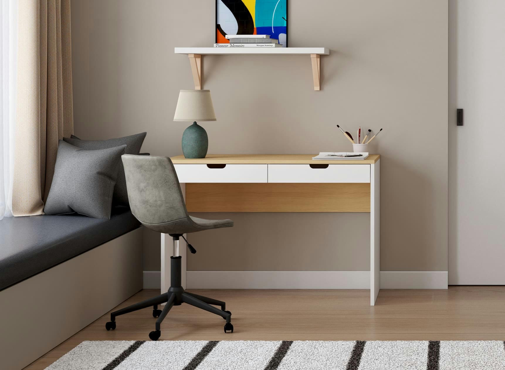 ALBI - Bureau avec 2 tiroirs Blanc et Chêne