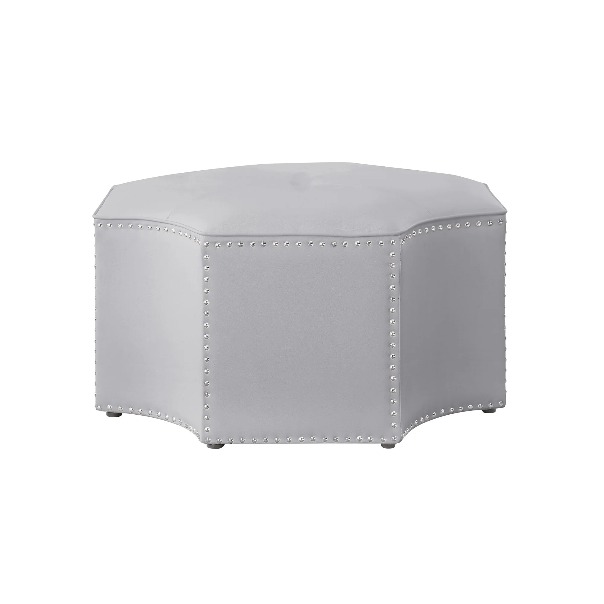 HomeRoots 33 Silver Faux Leather Tufted Octagonal Cocktail Ottoman