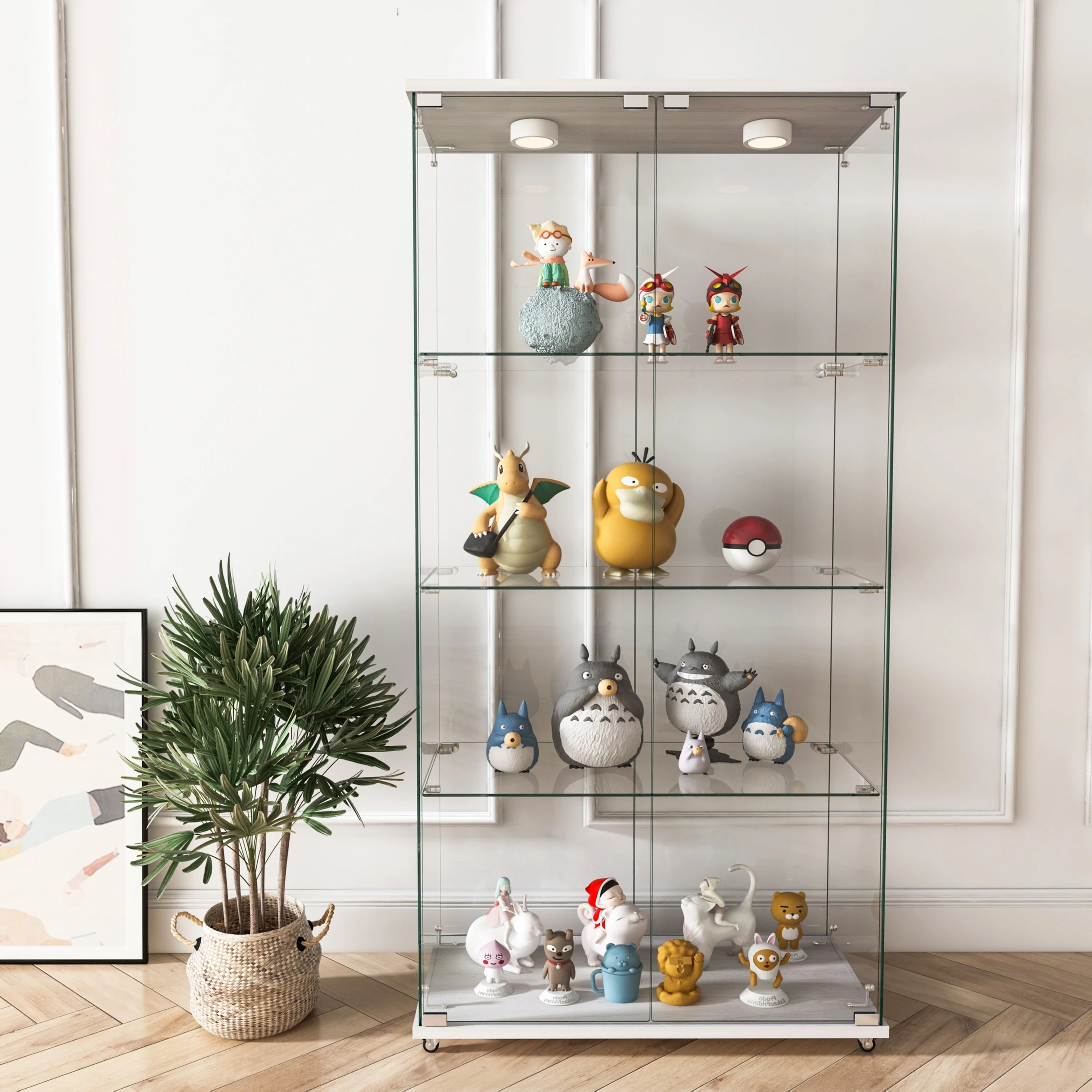 Modern Glass Display Cabinet with LED lights, Quick-assembly Antique Cabinet, Tempered Glass Bookshelf