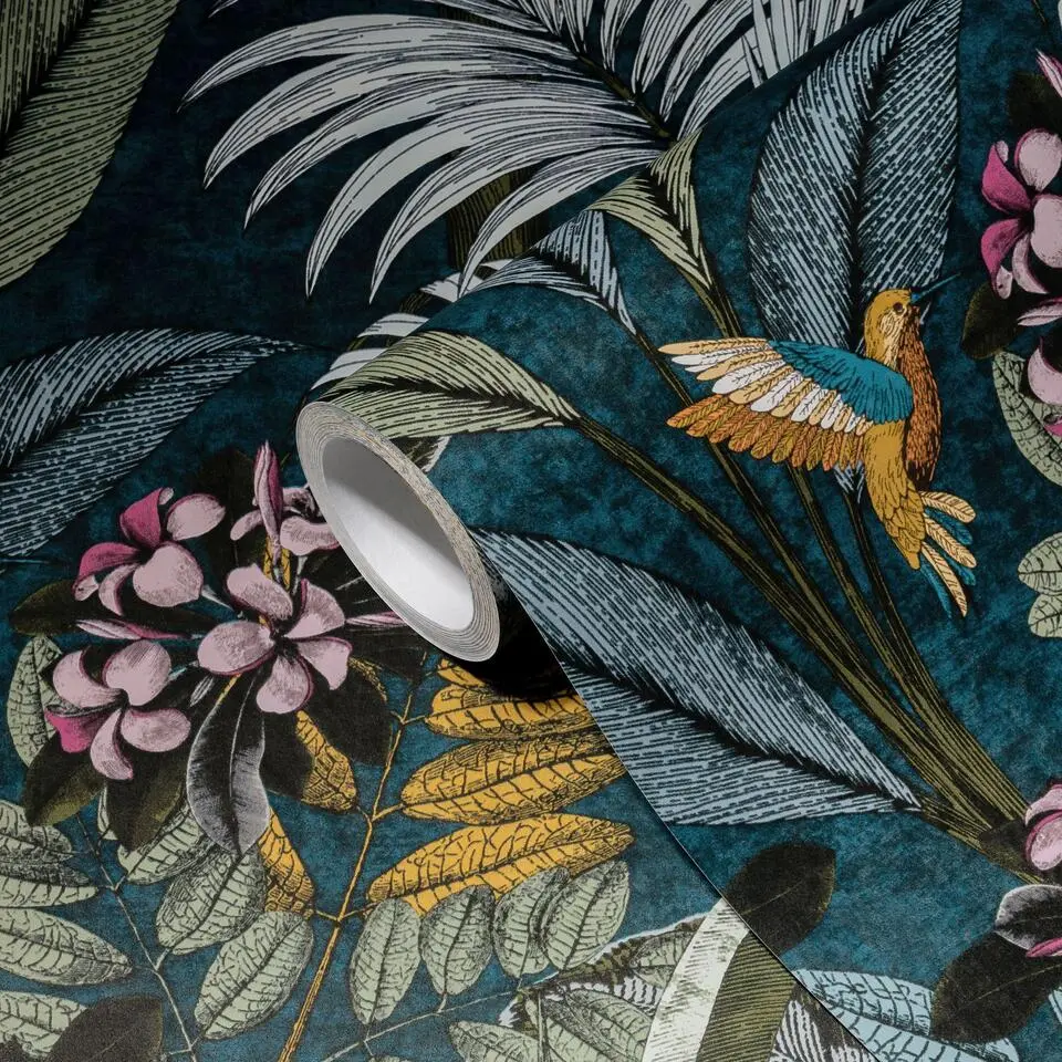 Livingwalls behang bosrijk landschap blauw, groen, geel en roze