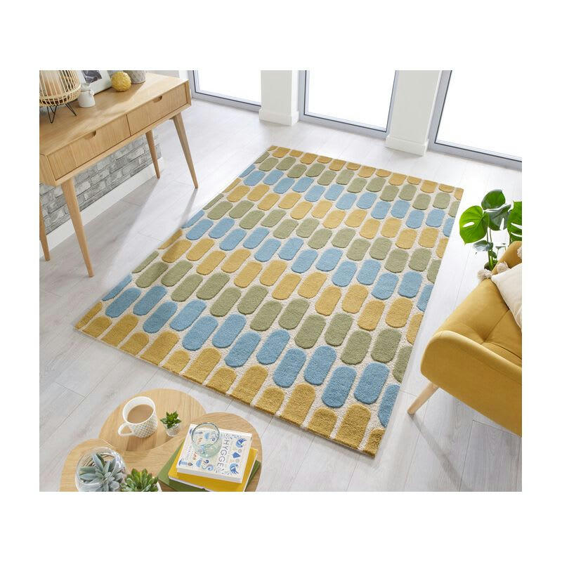 FOSSIL - Tapis pure laine vert jaune et bleu radiance 160 x 230