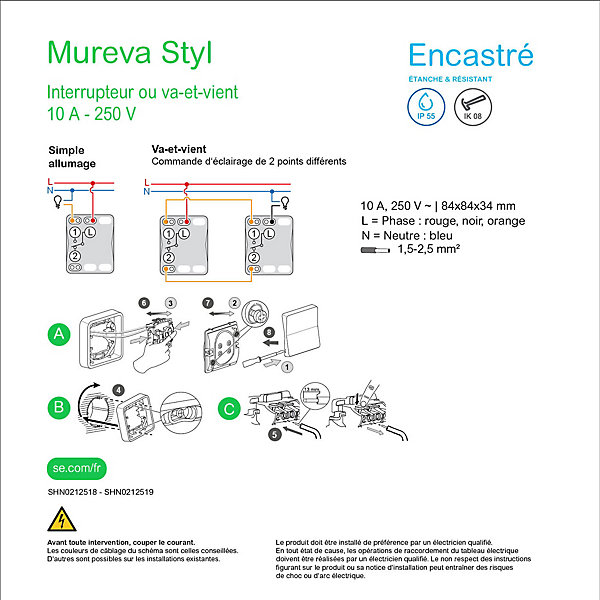 Interrupteur va-et-vient étanche complet encastré Schneider Electric Mureva Styl anthracite