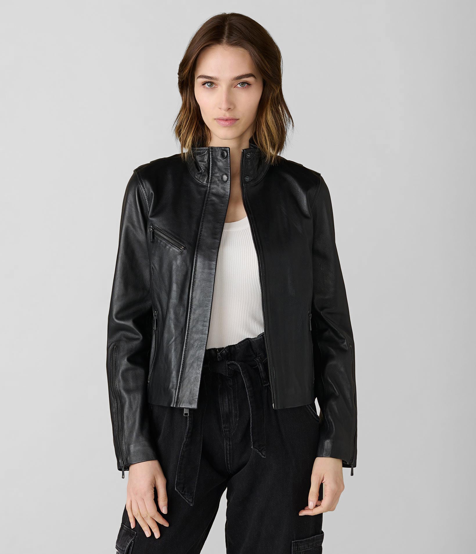 Button Neck Leather Jacket