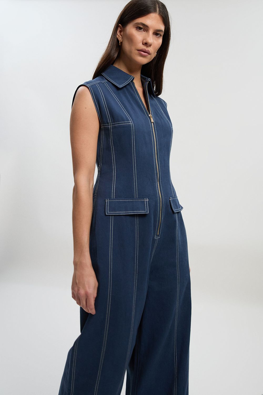 KarenMillen Tencel Cotton Contrast Stitch Zip Front Woven Jumpsuit