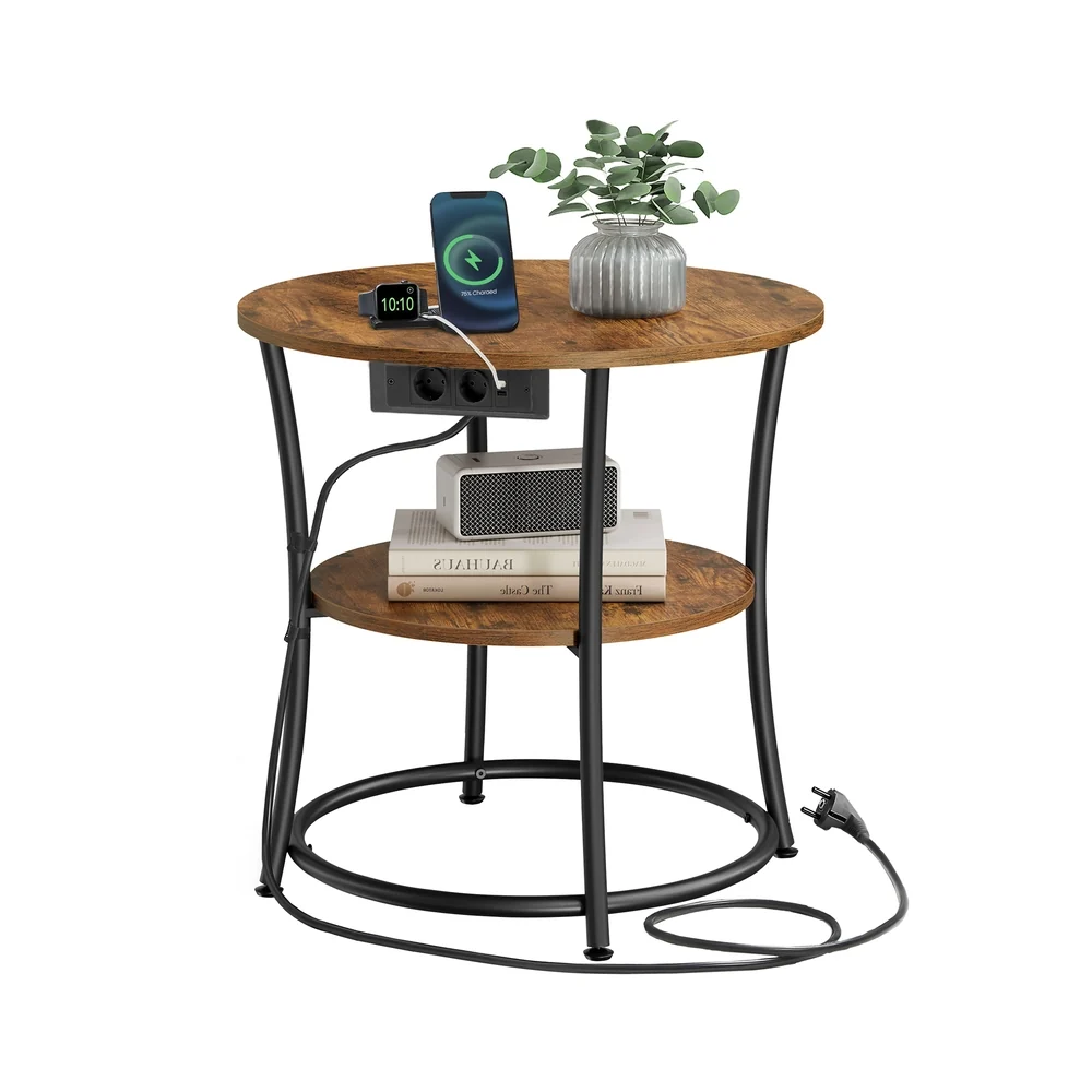 Table d’appoint ronde avec étagère et prise intégrée