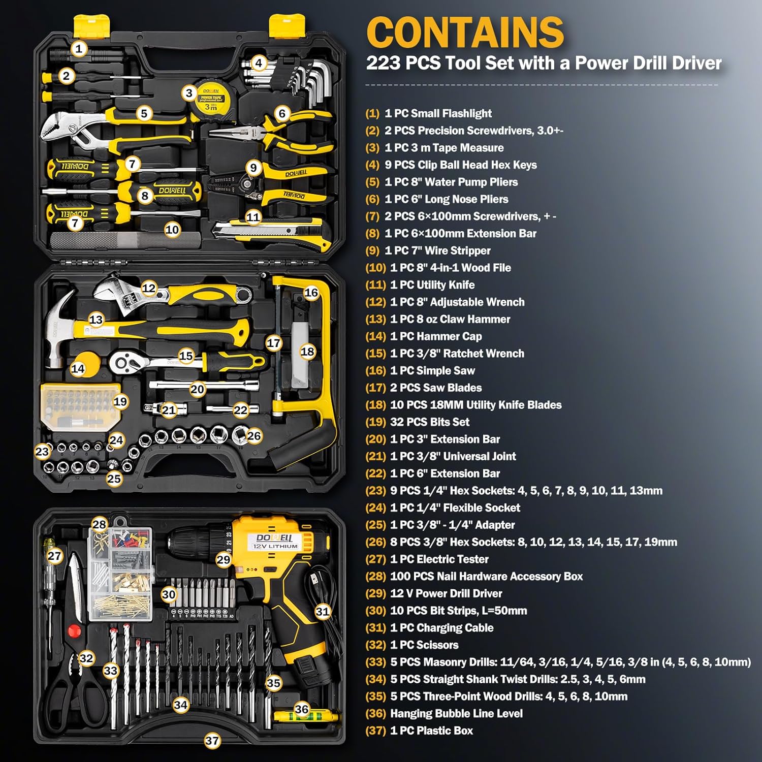 DOWELL 223-Piece Power Drill Tool Set, 12V Cordless Drill Driver Kit with Drawer Toolbox, Socket & Bit Set, Hex Keys, Wrench for Home Renovation, DIY Projects & Garage Use