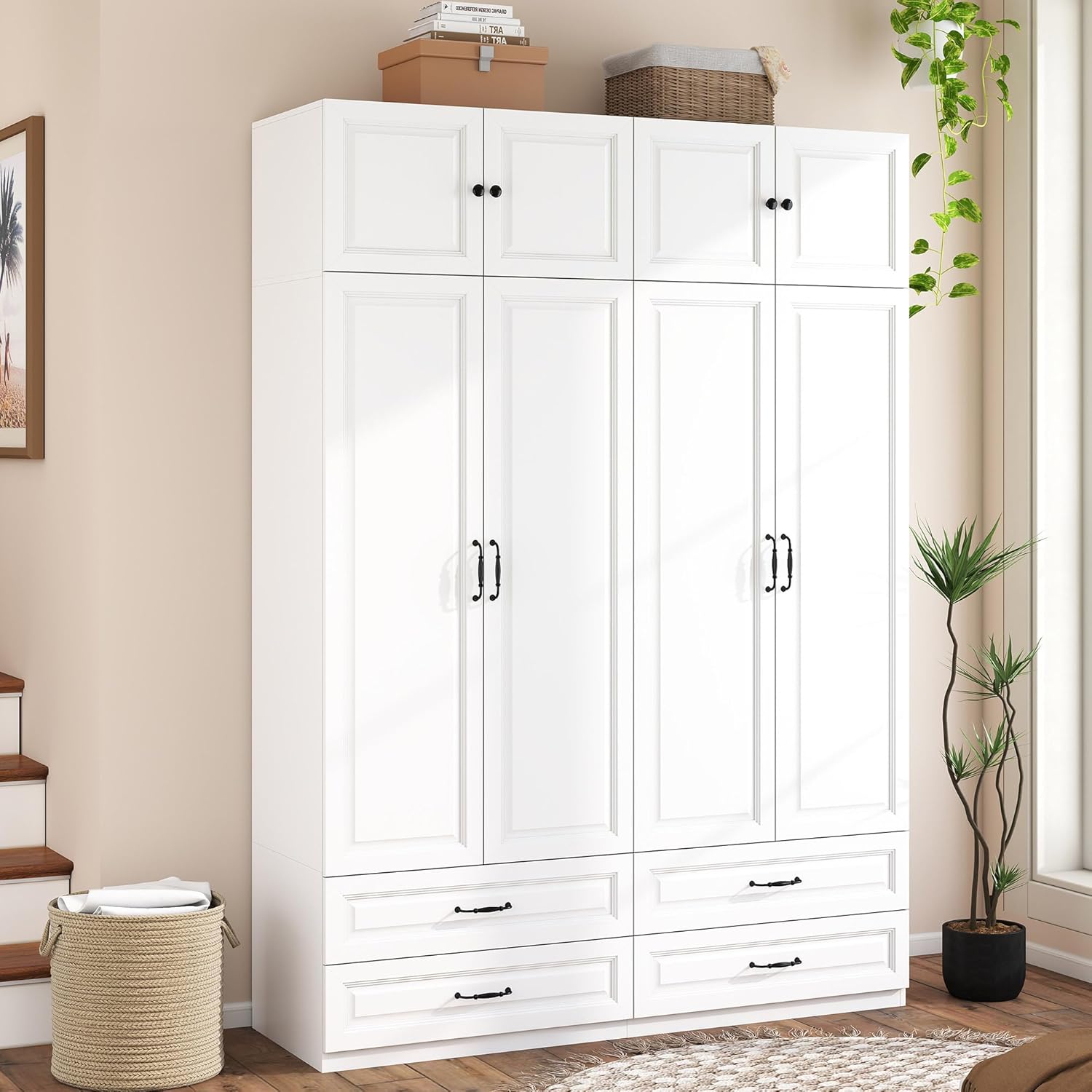 Armoire Wardrobe Closet with Drawers: 63 Large White Wood Wardrobe Closet with 4 Doors and 4 Drawers, Modern Clothes Storage Cabinet for Bedroom Armoire with Shelves (63)