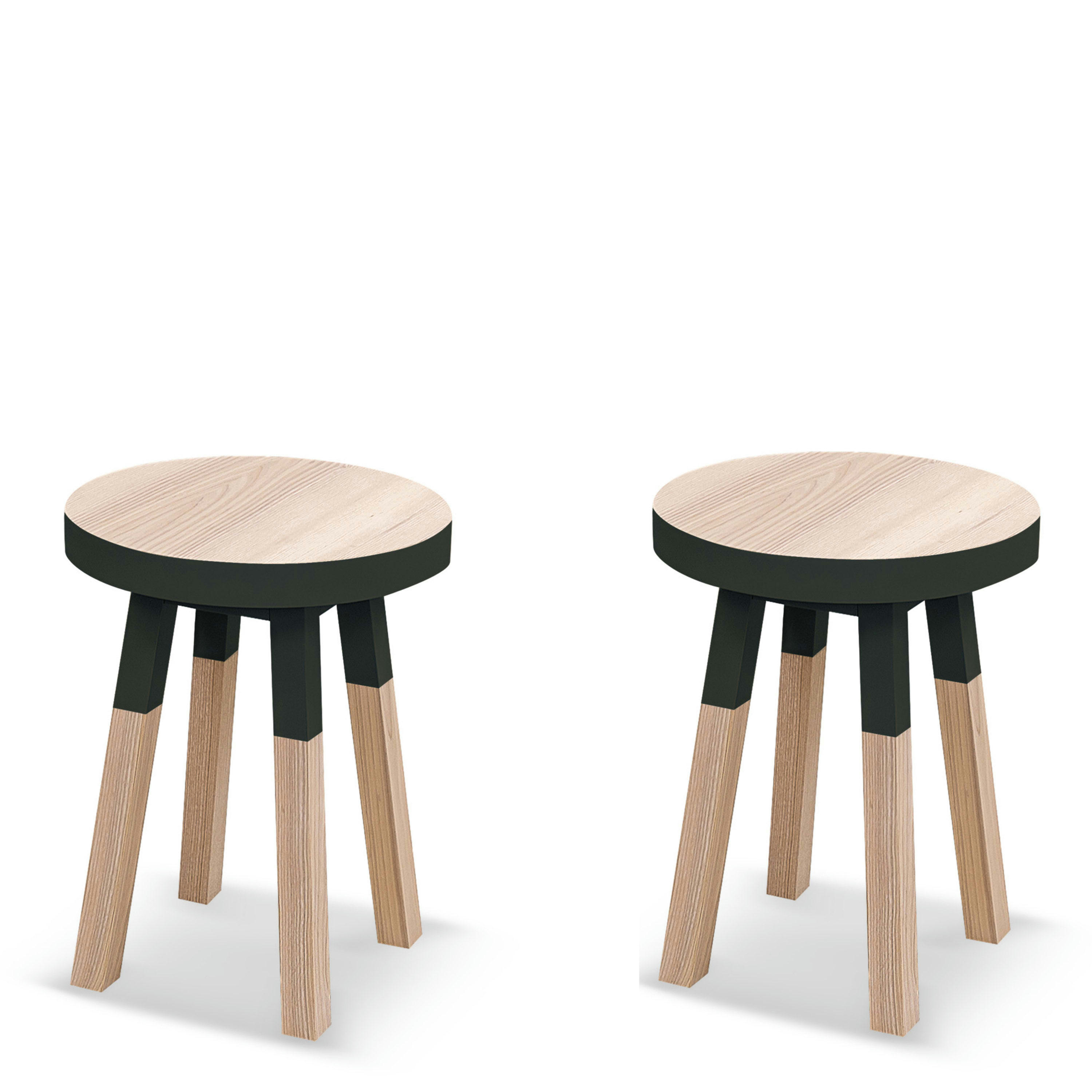 EGEE - Lot de 2 tabourets, assise diamètre 35 cm, 100% frêne massif bleu somb