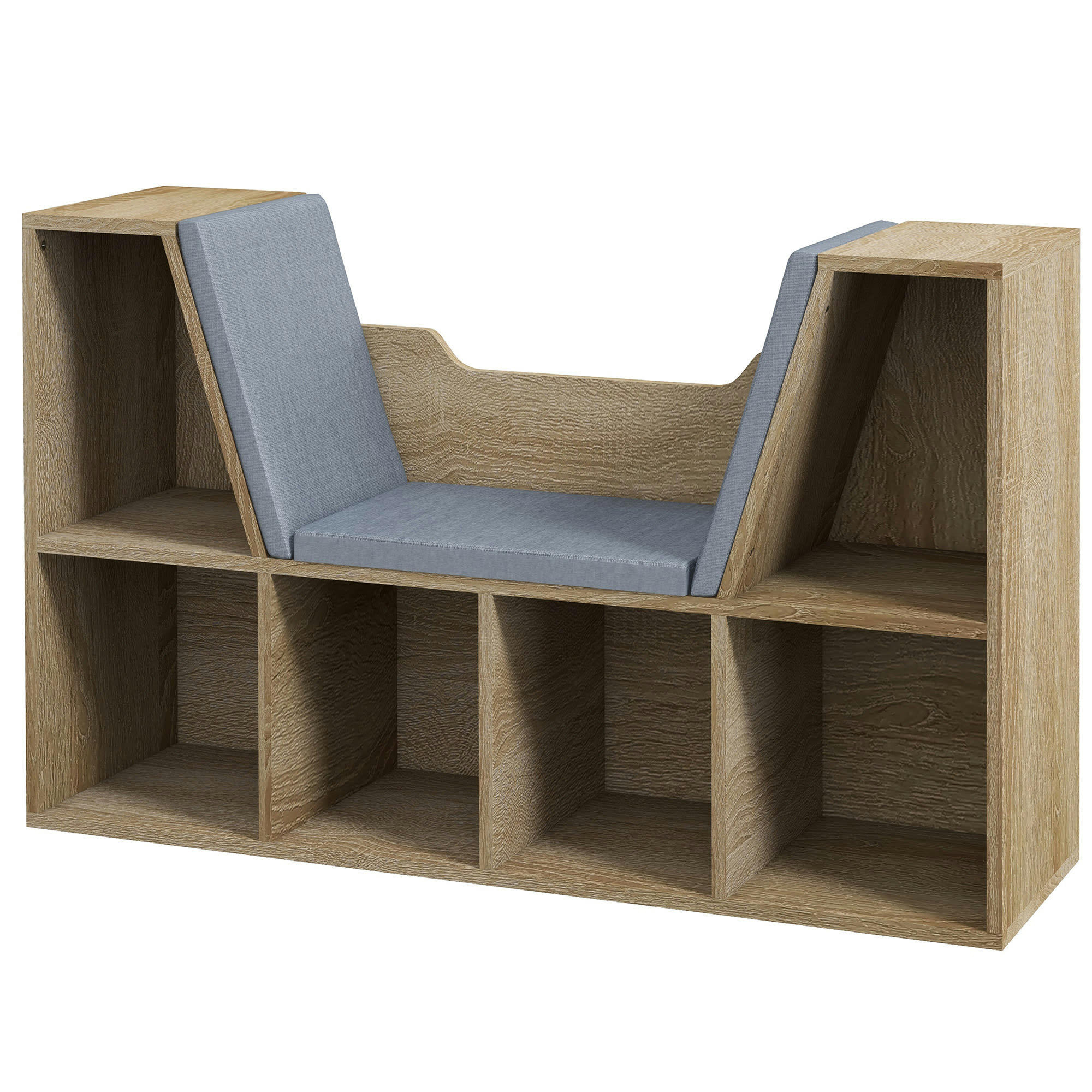 - Bibliothèque banc 2 en 1 - 6 casiers aspect bois clair coussins inclus