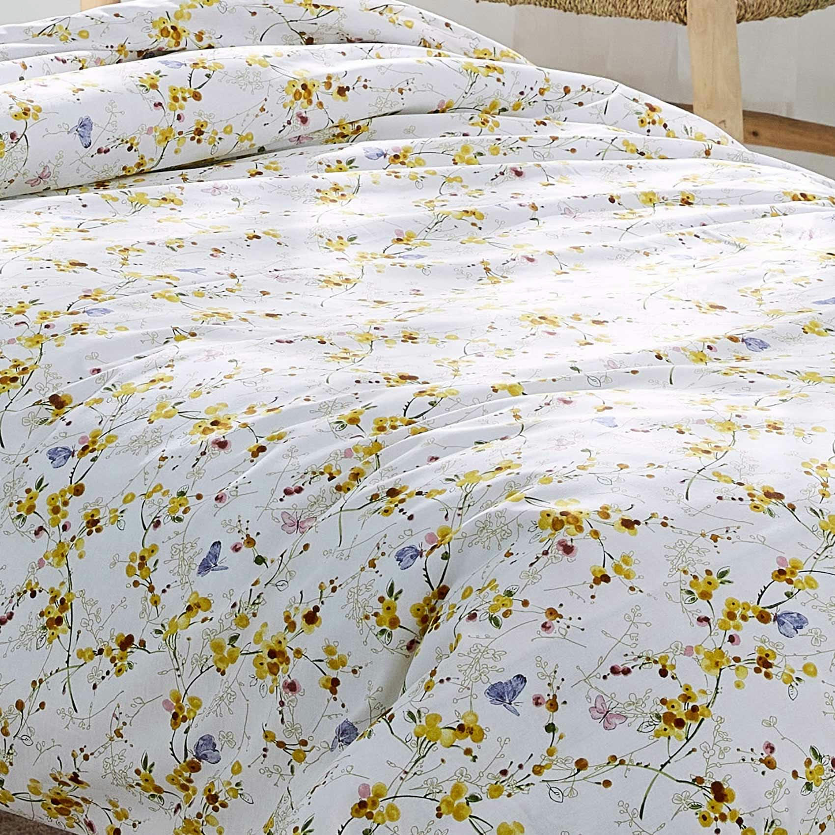 - Housse de couette imprimée papillons fleuris coton jaune 140x200 cm