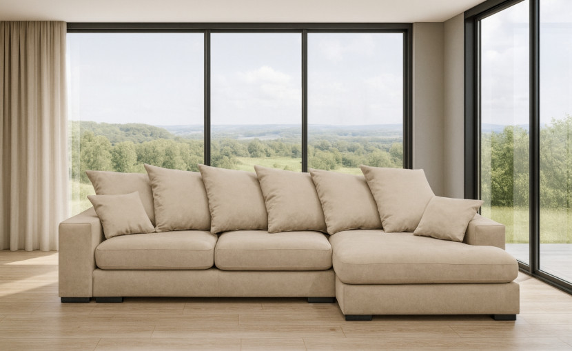 Sofa w kształcie L GABON, tkanina Riviera, Jasnobeżowy Prawostronny