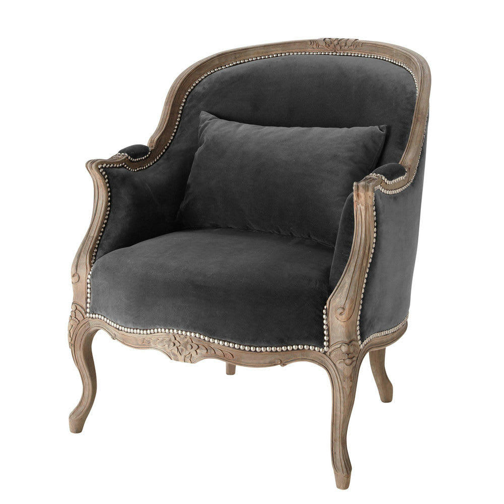 - Fauteuil bergère en velours gris anthracite
