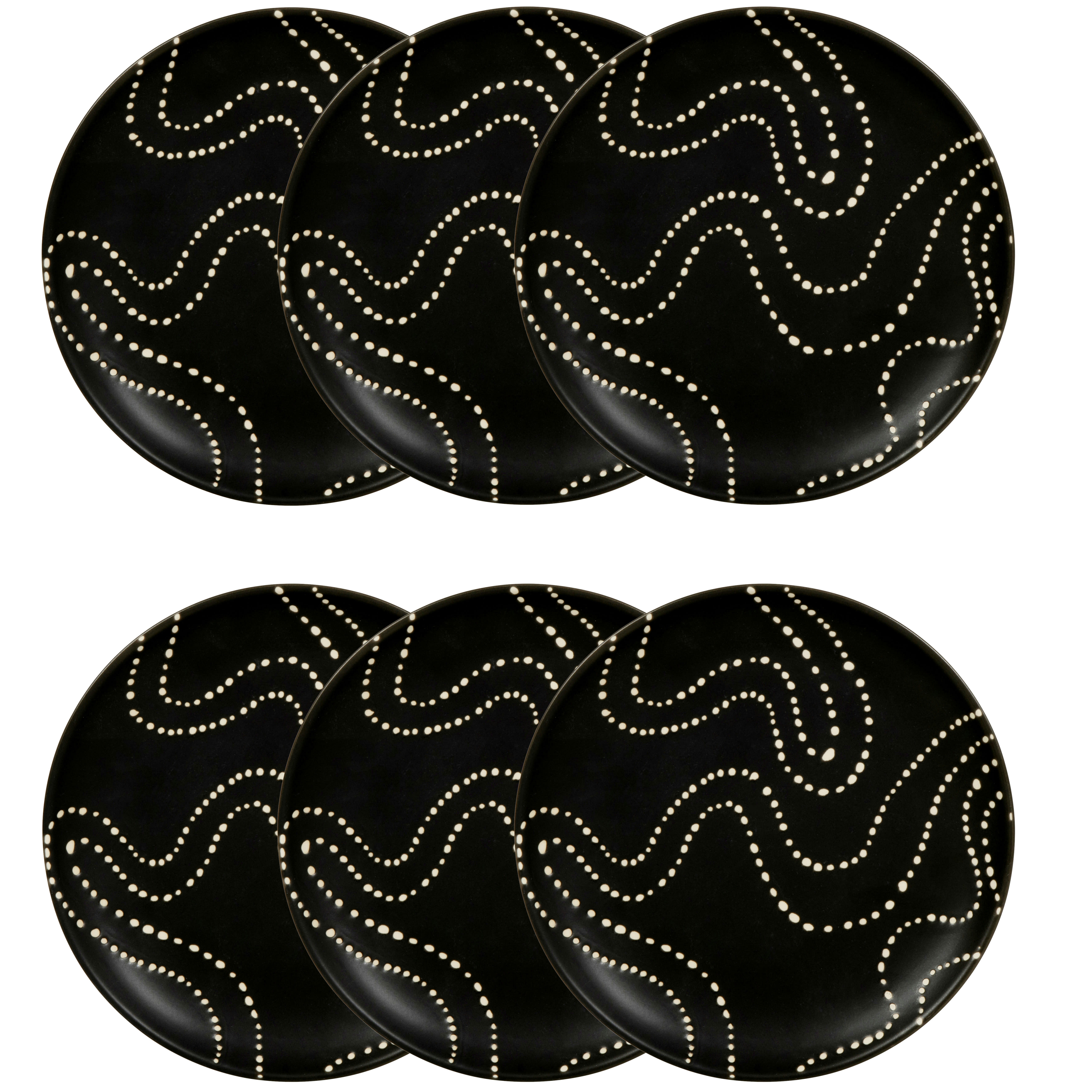ULURU - Assiette à dessert en grès noir motifs graphiques blancs