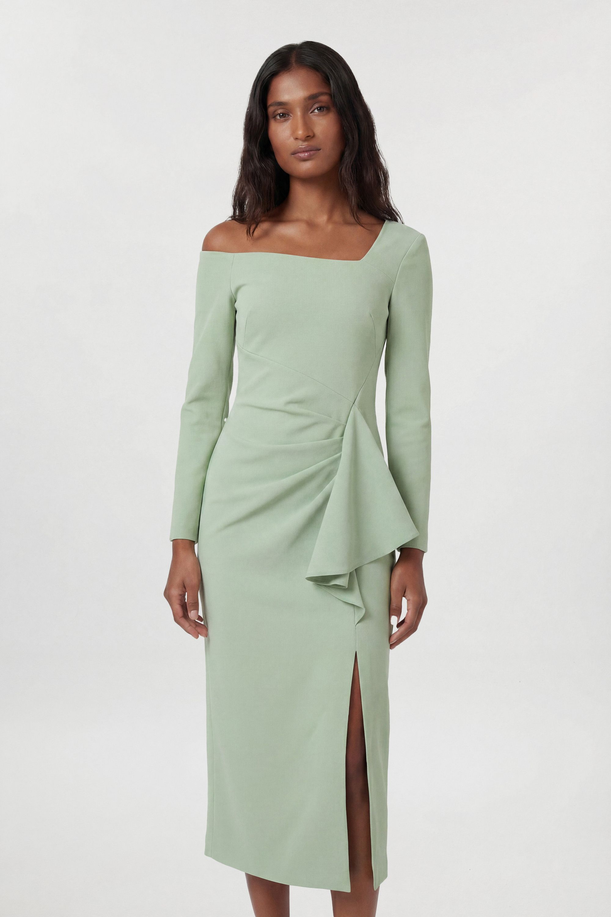 KarenMillen Petite Compact Stretch Asymmetric Neckline Draped Midi Dress