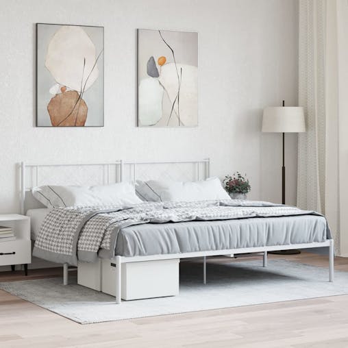 NNEVL Metal Bed Frame with Headboard White 183x203 cm King Size