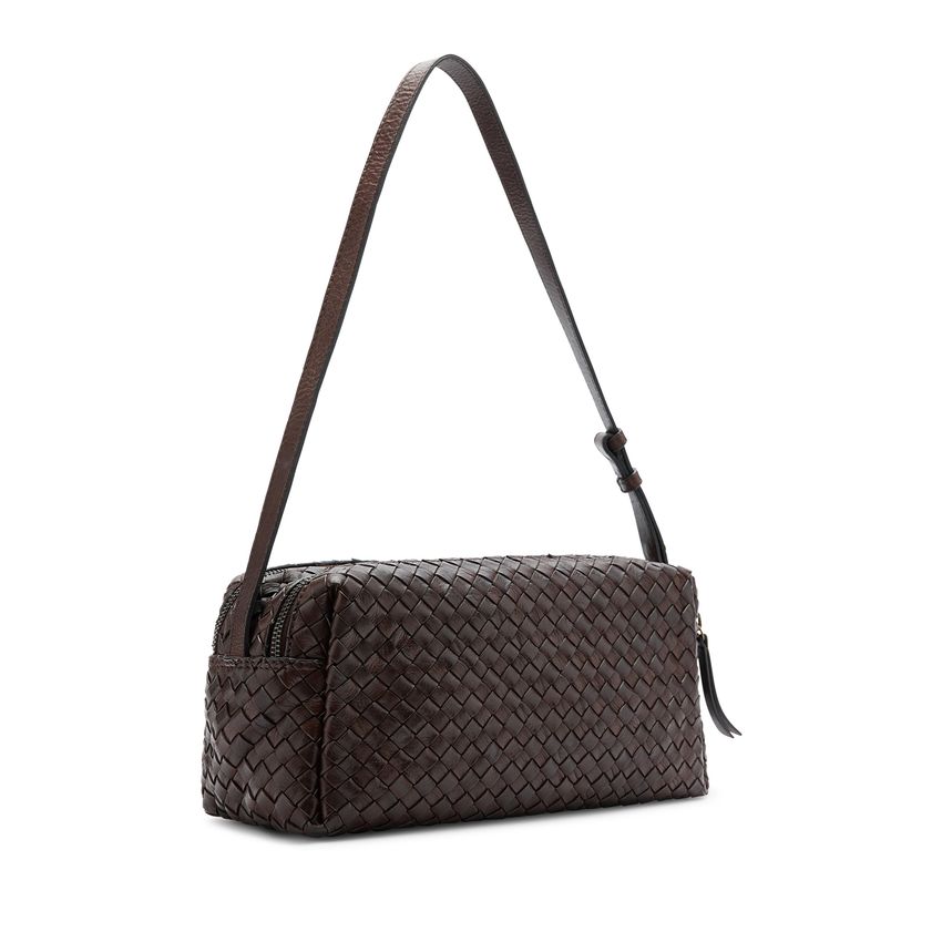 Manfield Bruine leren gevlochten schoudertas