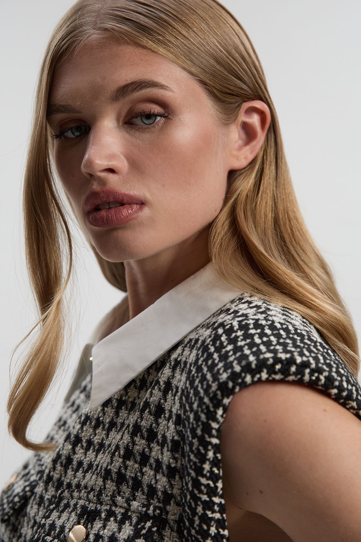 KarenMillen Tall Textured Tweed Contrast Collar Pleated Tailored Mini Dress