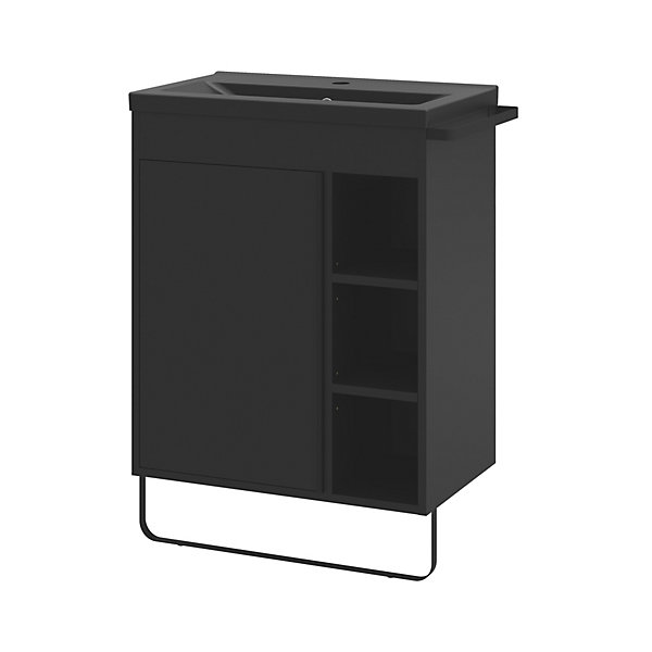Meuble vasque faible profondeur noir avec porte-serviettes l.65 x H.82 x P.36 cm Maza   plan vasque noir céramique Nira, GoodHome
