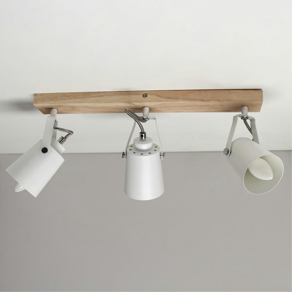 DERA - Lampe de plafond en bois et 3 spots en métal blanc orientables