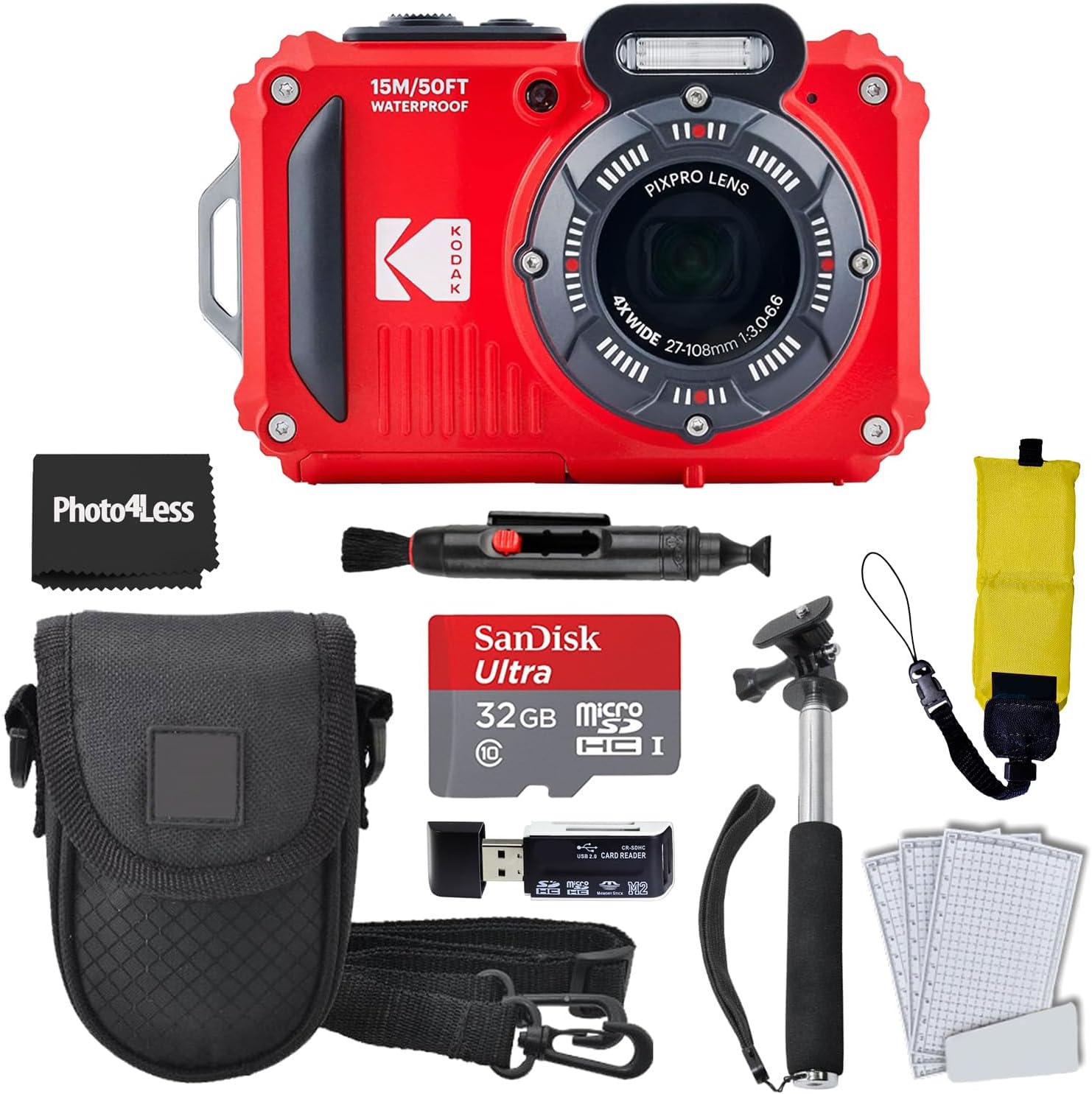 KODAK PIXPRO WPZ2 Rugged Waterproof Digital Camera  Red Bundles with Case  Monopod  Card Reader and More (9 Items)