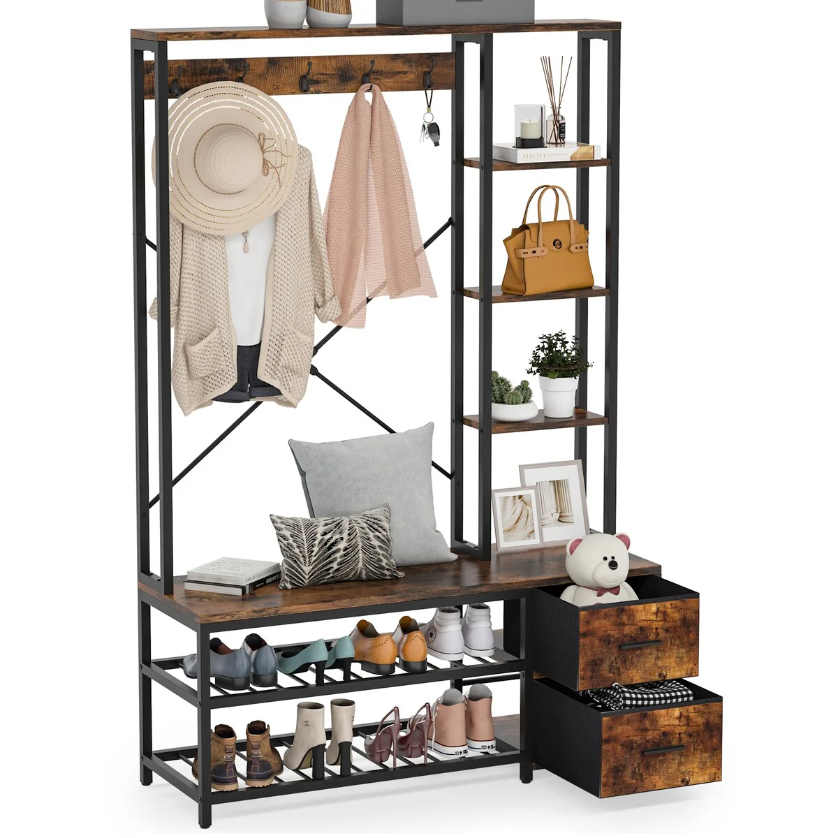 4-in-1 Entryway Hall Tree with Shoe Bench and Drawers, Clothing Garment Rack
