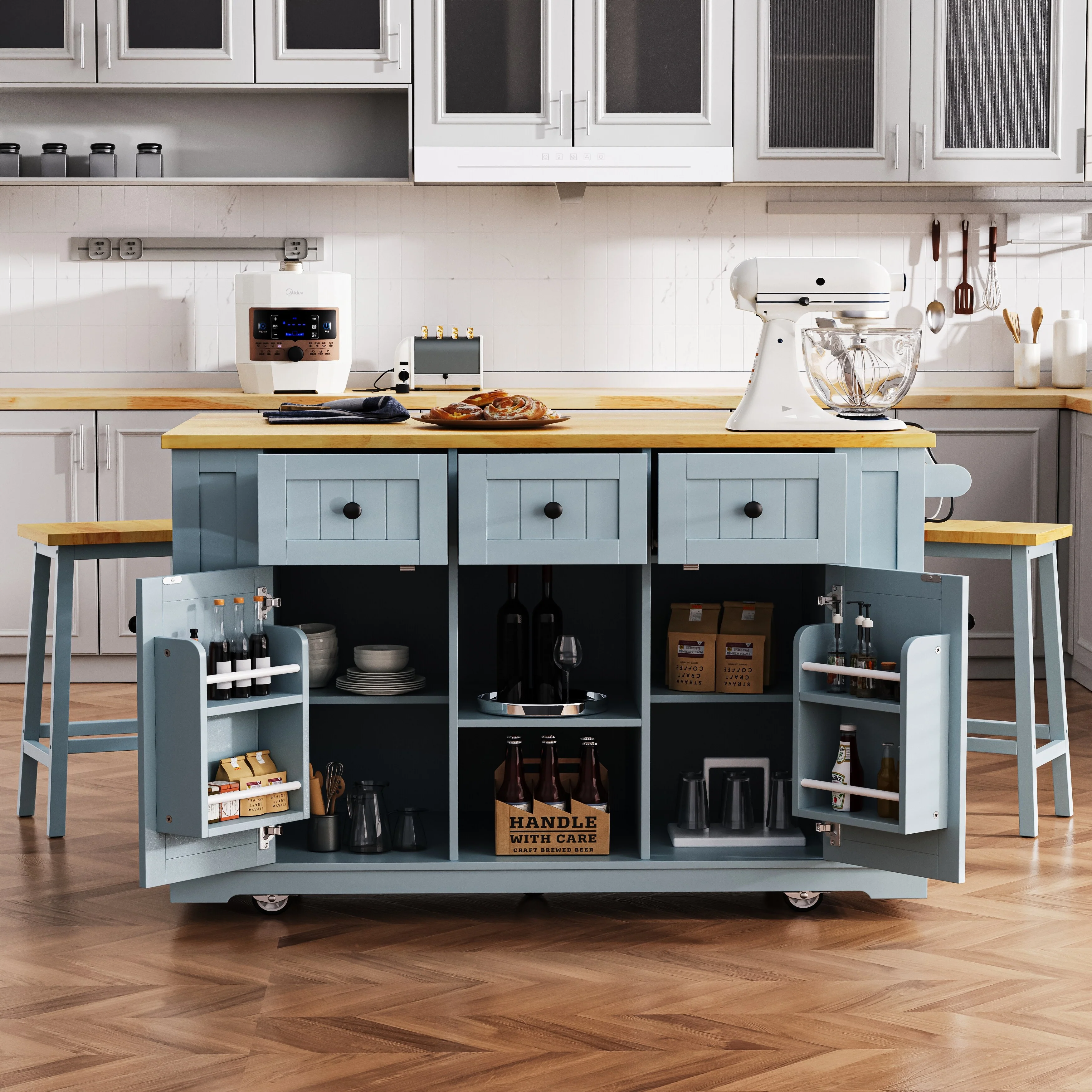 Kitchen Island with Drop Leaf, Rolling Kitchen Cart on 5 Wheels, Movable Island with Power Outlet, 5 Open Side Rack & 3 Drawers