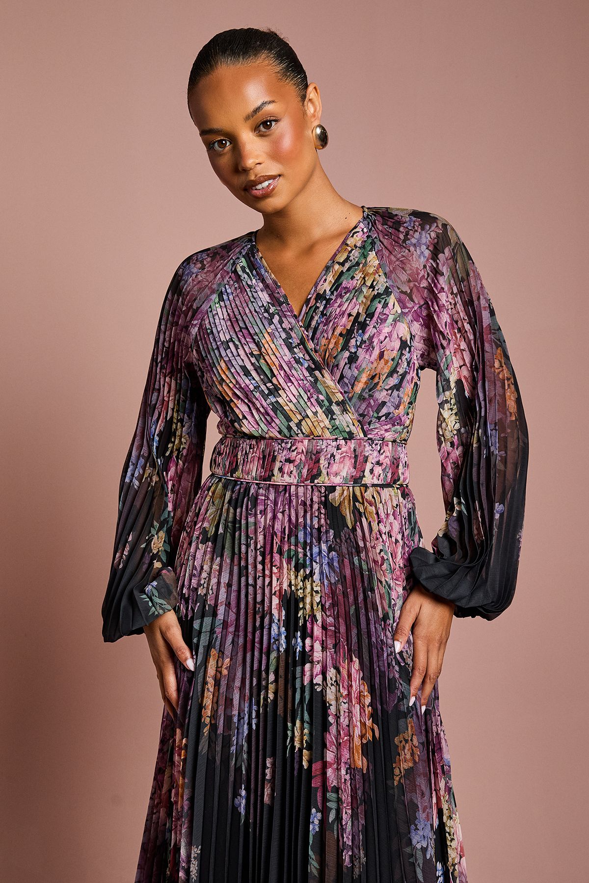 Coast Petite Placement Print Long Sleeve Chiffon Pleated Wrap Dress