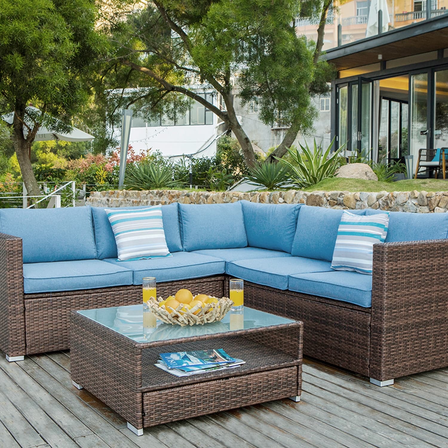 COSIEST 4-Piece Wicker Outdoor Patio Sectional Set with Coffee Table