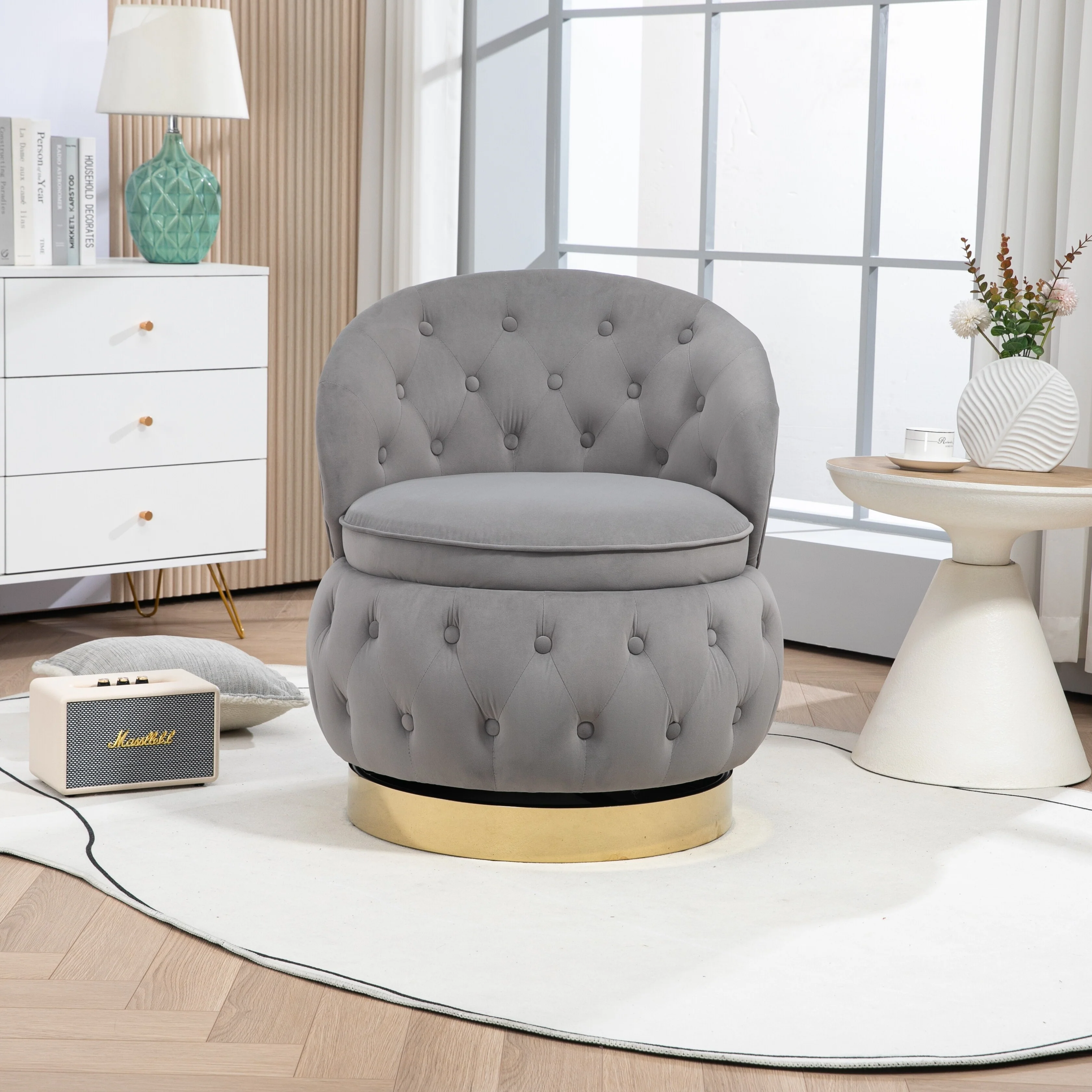 Velvet Fabric 360 Degree Swivel Tufted Storage Barrel Chairs
