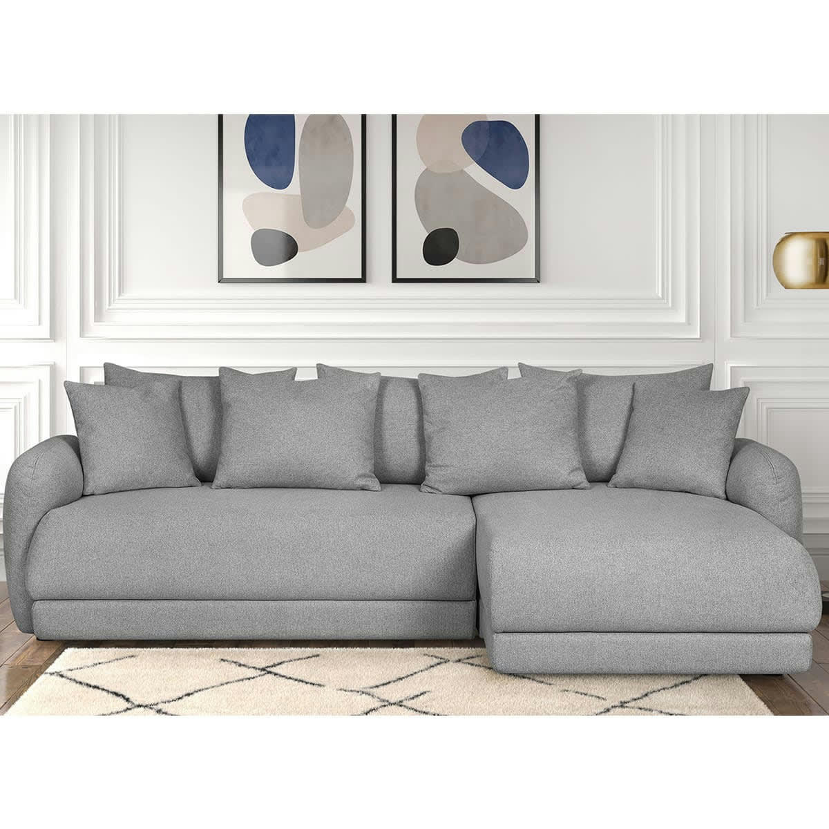 GIULIA - Canapé d'angle droit 5 places convertible + coffre, tissu gris chiné