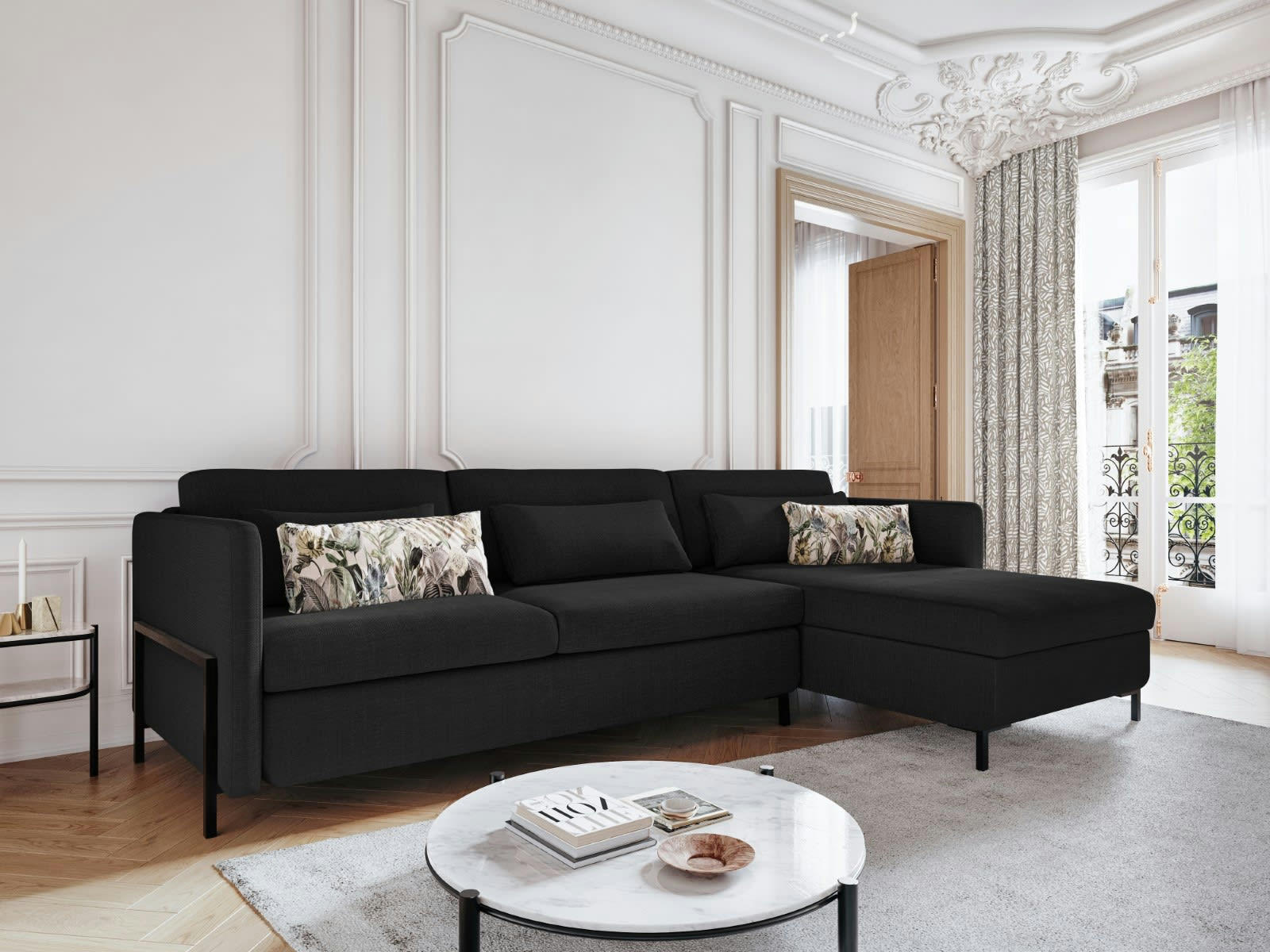 YANIS - Canapé D'Angle Droit Conv. Coffre 4 places en Tissu Struct. Gris Foncé