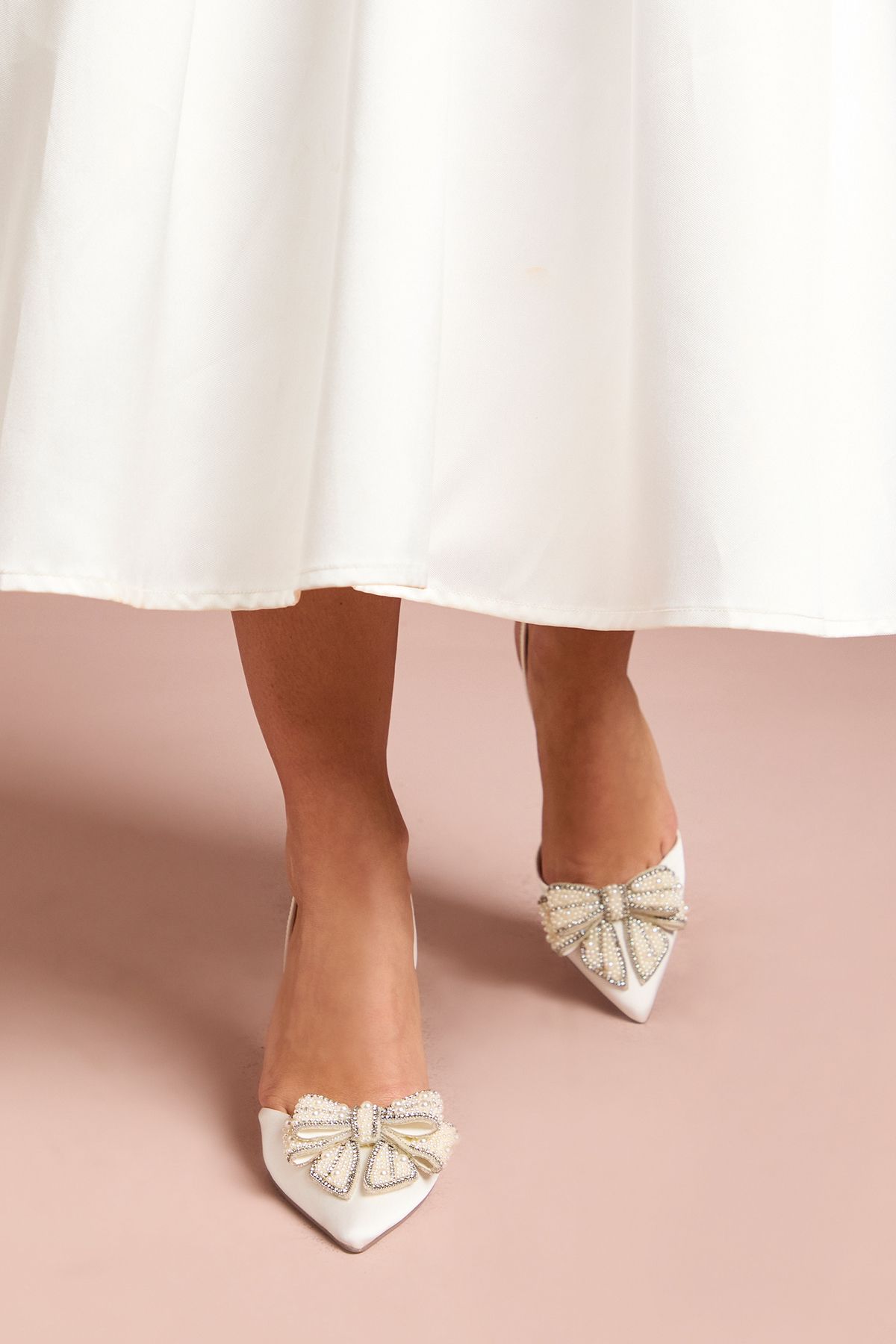 Coast Bridal Selena Satin Pearl Bow Pointed High Stiletto Heel Slingback Court Shoes
