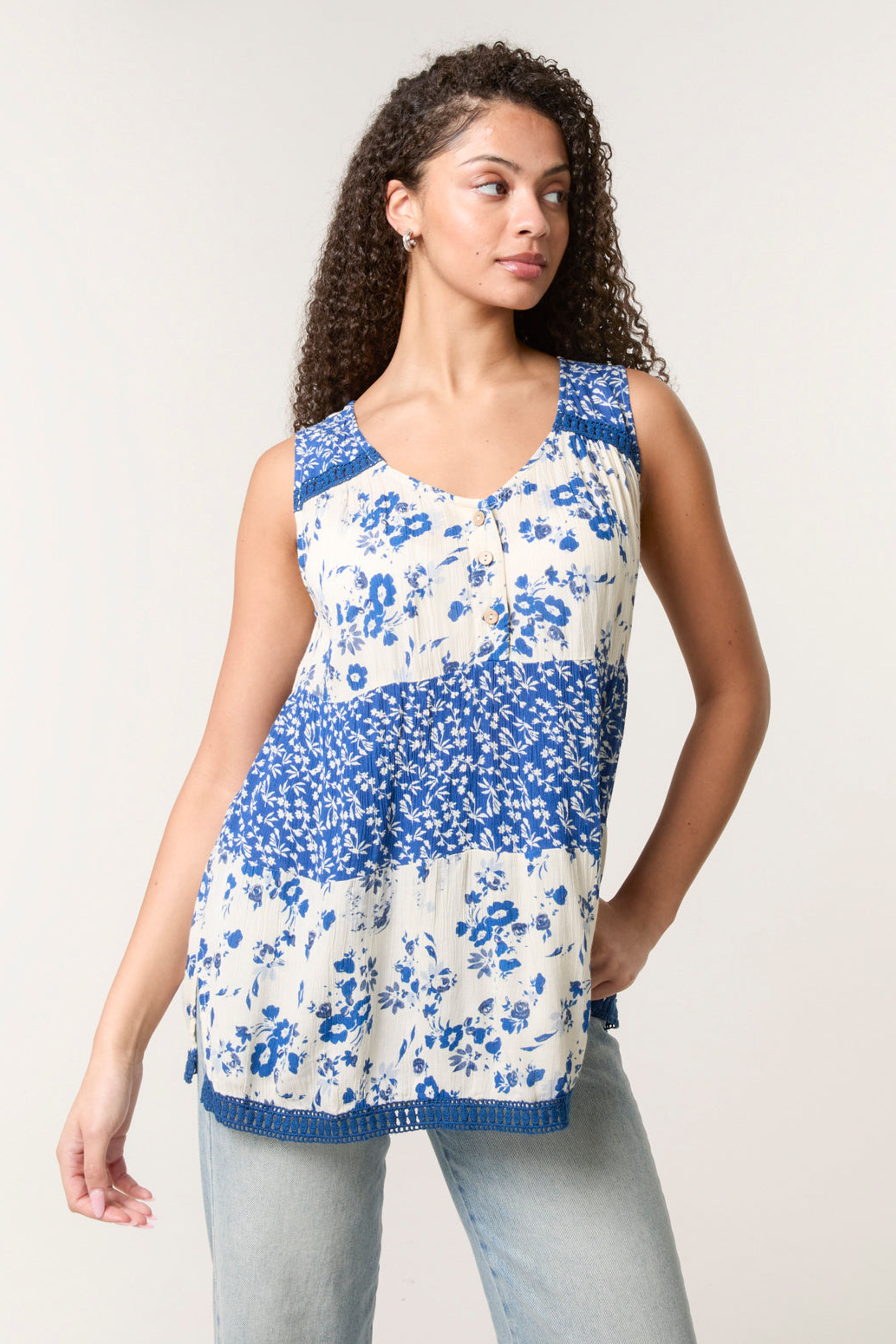 Blue Vanilla Ivory Crochet Mix Button Front Top