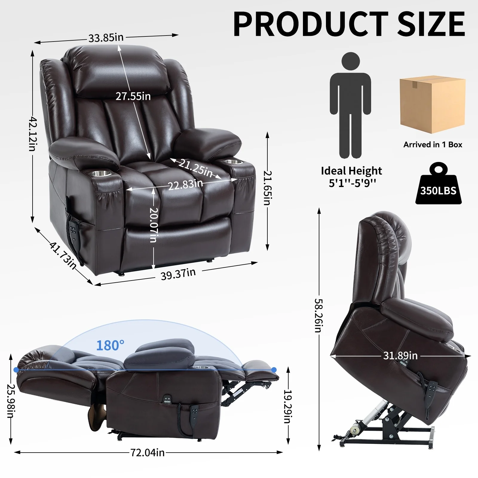Oversized Faux Leather Power Lift Recliner with Massage & Heating