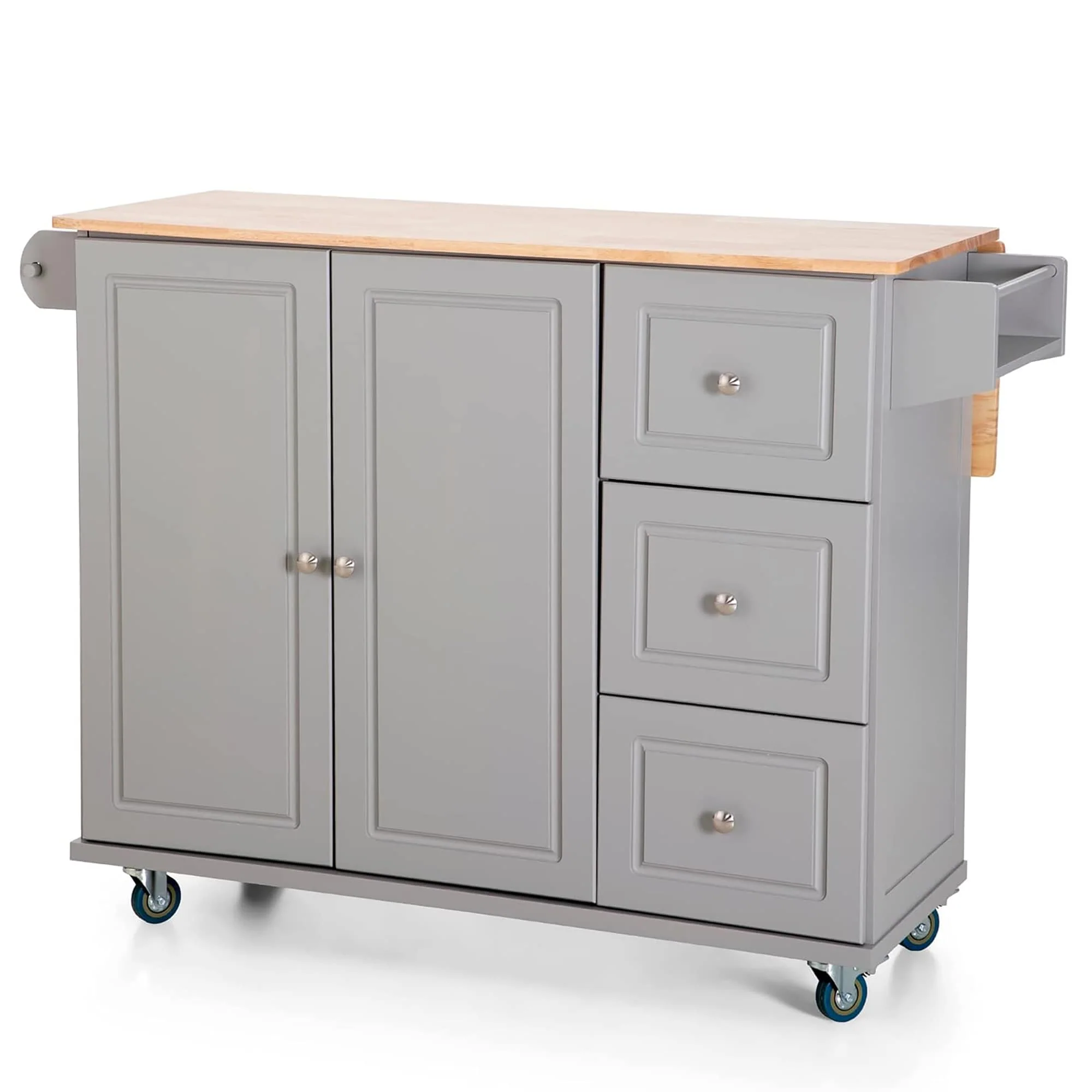 Sophia & William Kitchen Island Cart with Drop-Leaf and Rubber Wood Top, Rolling Kitchen Trolley Cart with Large Storage Cabinet