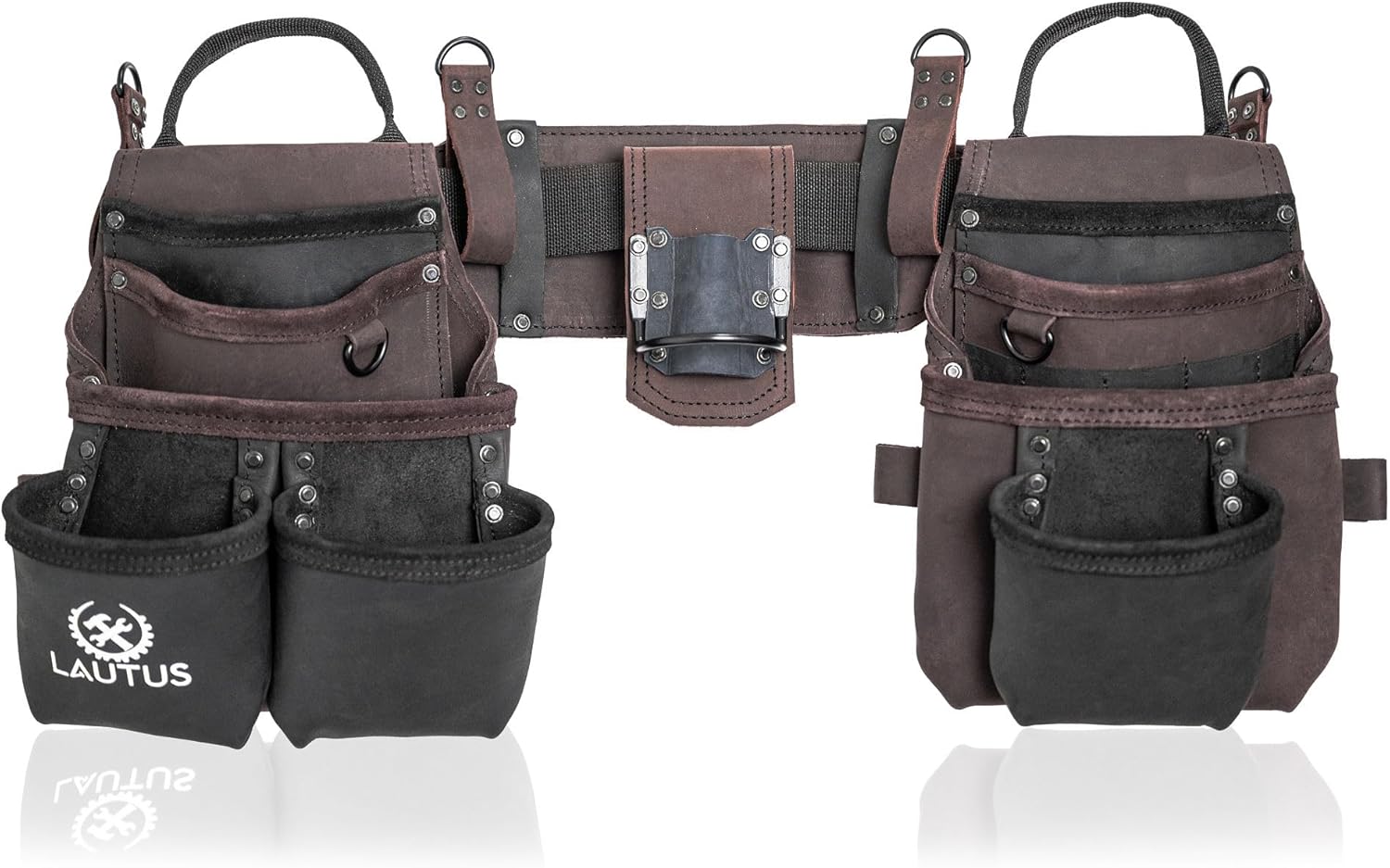 LAUTUS Heavy Duty Top Grain Leather Tool Belt for Framers, Carpenters & Electricians, 18 Pockets, Hammer Holder, 2 D-Rings, 2 Loops, Tape Measure Clip, Thick Belt