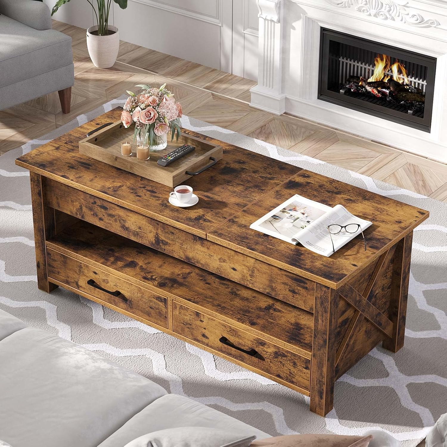 Seventable Coffee Table, 47.2 Lift Top Coffee Table with 2 Storage Drawers and Hidden Compartment, Farmhouse Center Table with Wooden Lift Tabletop, for Living Room,Rustic Brown