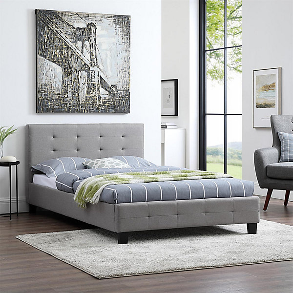 Lit simple MARLON, 120 x 190 cm, capitonné avec sommier, revêtement en tissu gris