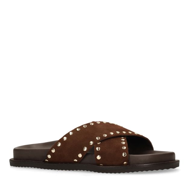 Bruine suède slippers met goudkleurige studs