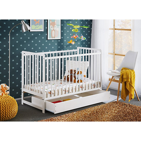 Lit bébé évolutif avec tiroir et matelas collection LUTIN réglable en hauteur. Coloris blanc mat.